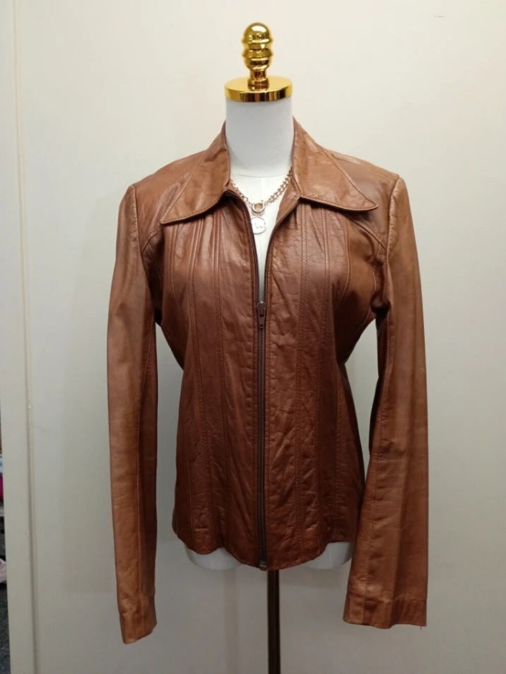 Vintage Brown Genuine Goatskin Leather Zip Front Jacket Size 38R/Med